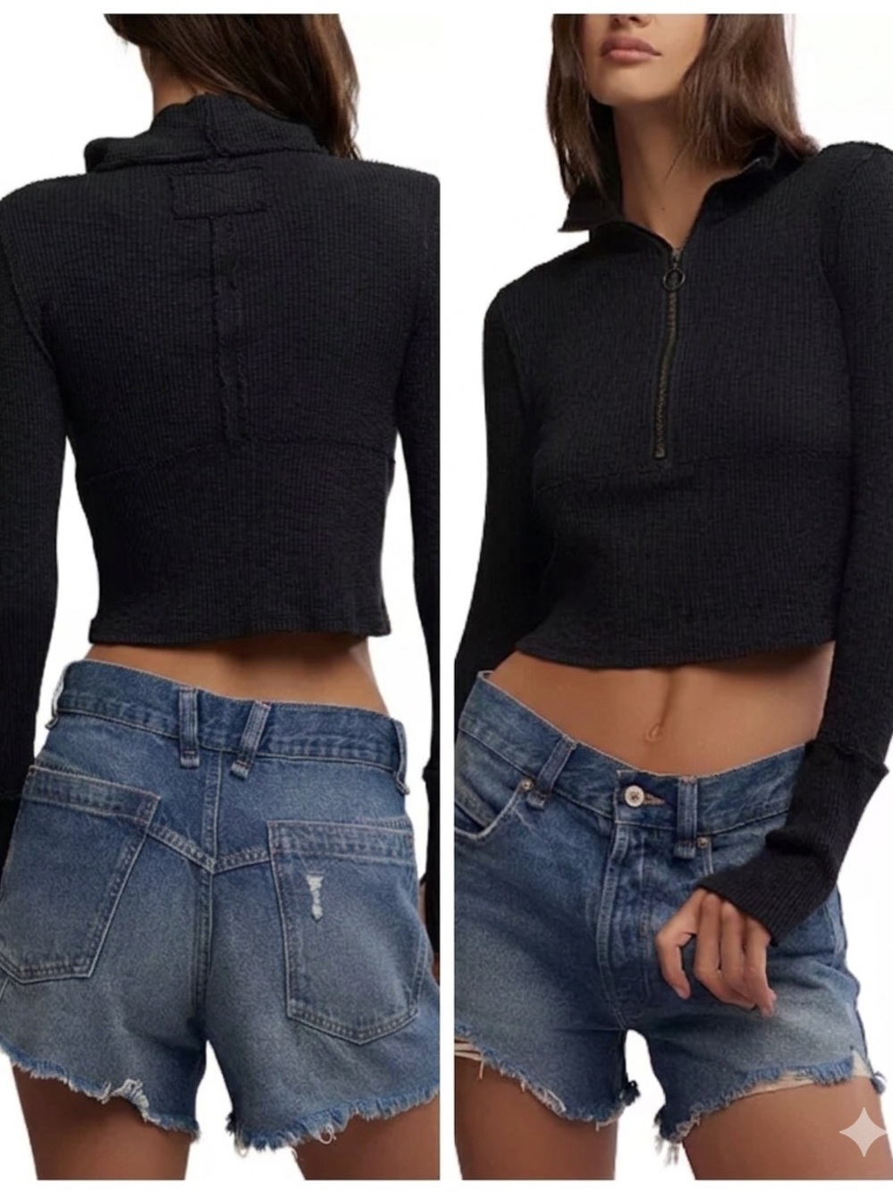 We The Free Gray Ribbed Cropped Half Zip Top Medium Thumb Holes Gorpcore Boho